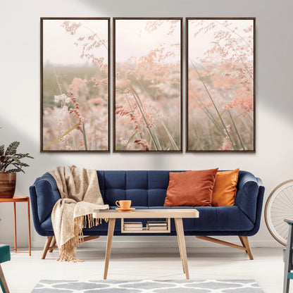 Soft pastel field with wild grasses in warm light, ideal for minimal nature or airy countryside-inspired interior wall decoration.