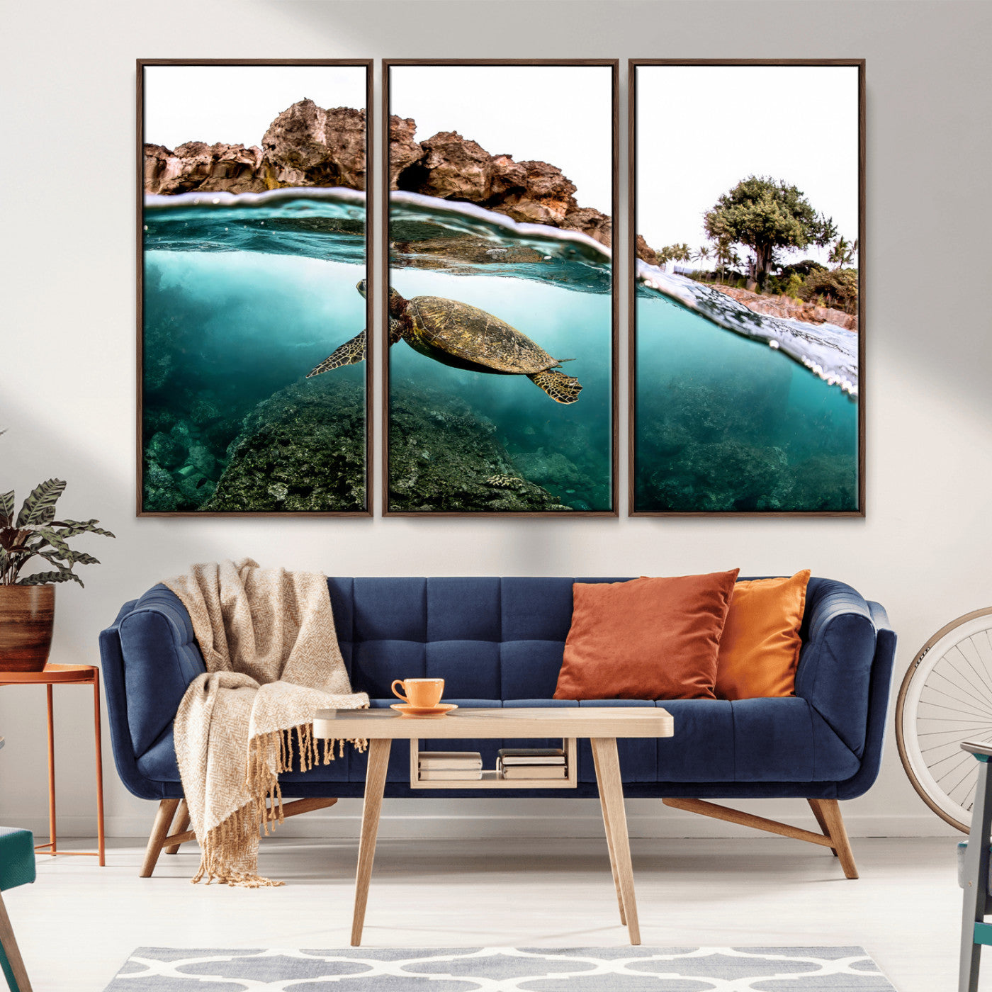 Dynamic split-view photo of a sea turtle swimming near rocky shores, perfect for vibrant coastal or tropical beach home decor.