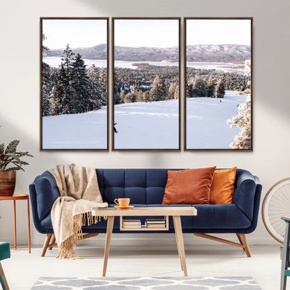 Canvas of a snowy mountain ski slope with pine trees and bright winter light, ideal for modern rustic or alpine-inspired home decor.