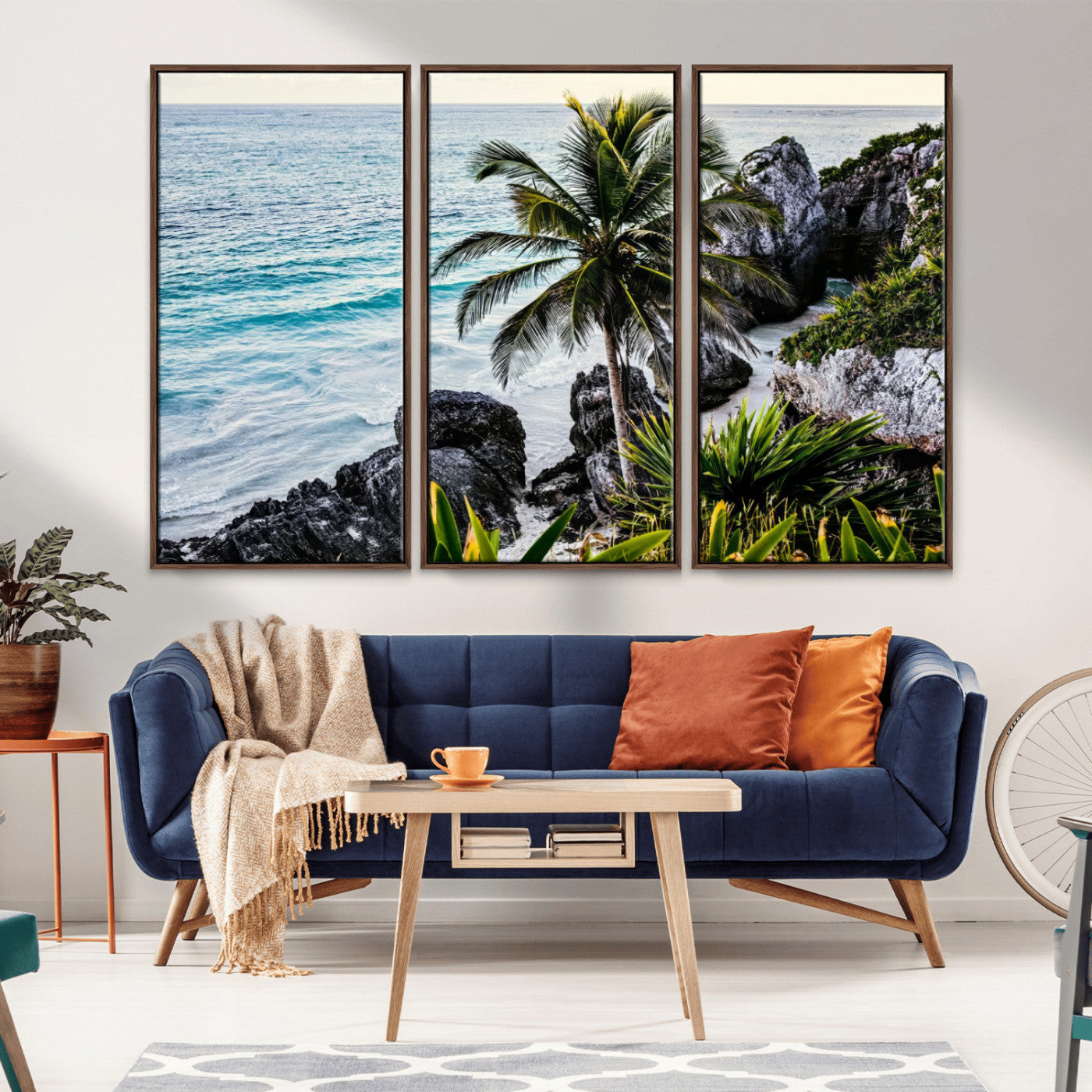 Framed canvas of a vibrant tropical coastline with palm trees, rocky cliffs, and turquoise waters, ideal for tropical coastal home decor.