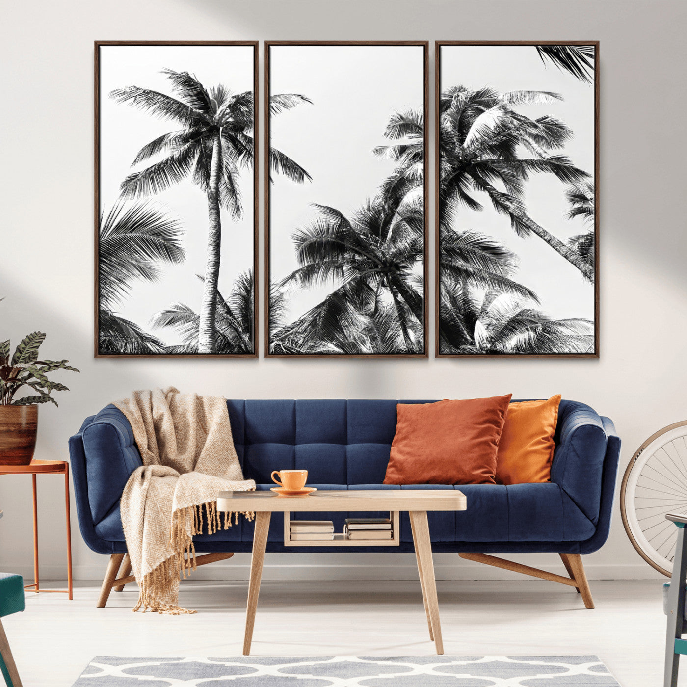 Black and white canvas of tall palm trees in moody tones, perfect for modern tropical minimalist or coastal-style home decor.