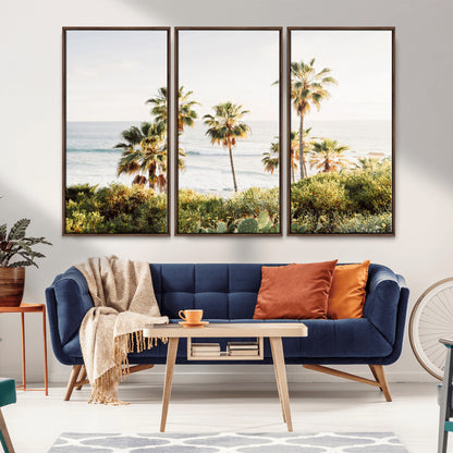 Framed print of sunlit palm trees on the California coast with warm tones, perfect for coastal minimalist or beach-style home decor.