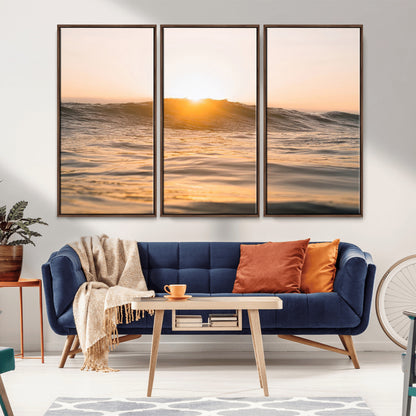Ocean waves glowing under a warm golden sunset, reflecting soft light and calm movement, perfect for warm minimalist coastal interiors.
