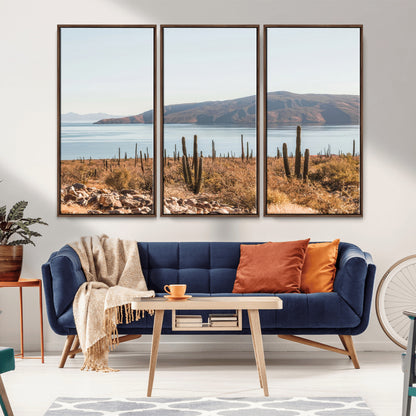 Warm desert landscape with cacti and coastal mountains, perfect for southwestern or earthy calm-themed home wall decor.