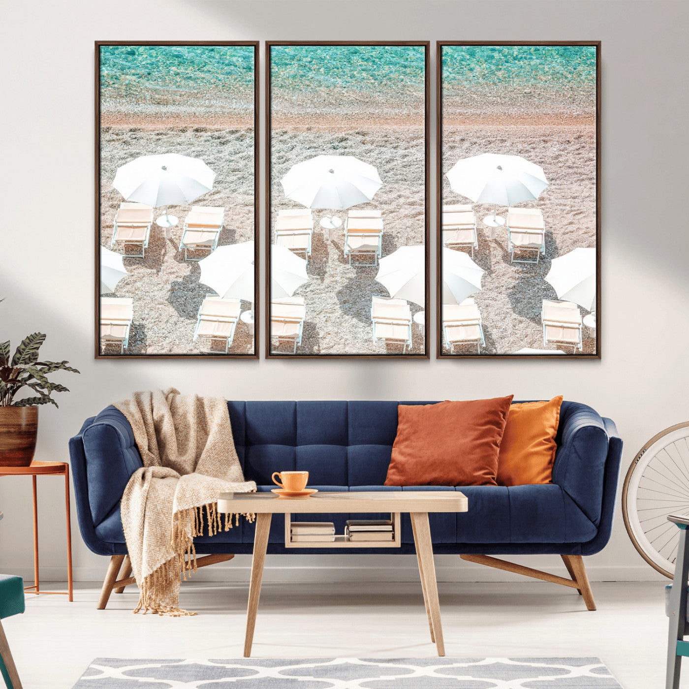 A bright beach scene with white umbrellas, pastel sand, and turquoise waters, creating a tranquil coastal vibe, perfect for beach house or summer decor.
