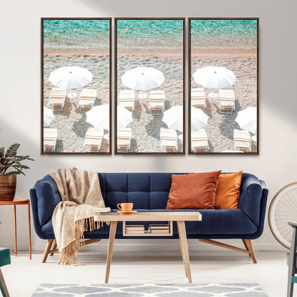 A bright beach scene with white umbrellas, pastel sand, and turquoise waters, creating a tranquil coastal vibe, perfect for beach house or summer decor.