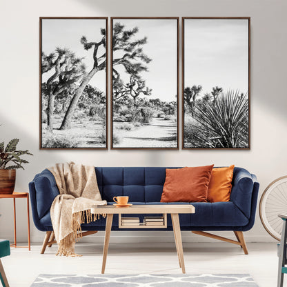 Canvas of a Joshua Tree forest in black and white tones, featuring a desert path and spiky vegetation, ideal for minimalist or rustic decor.