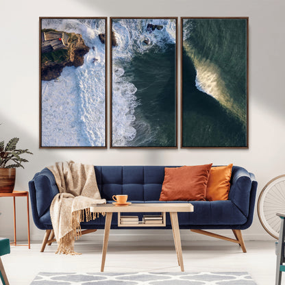 Canvas showing an aerial view of crashing waves along the Nazaré coastline, perfect for dramatic coastal or ocean-themed home decor.