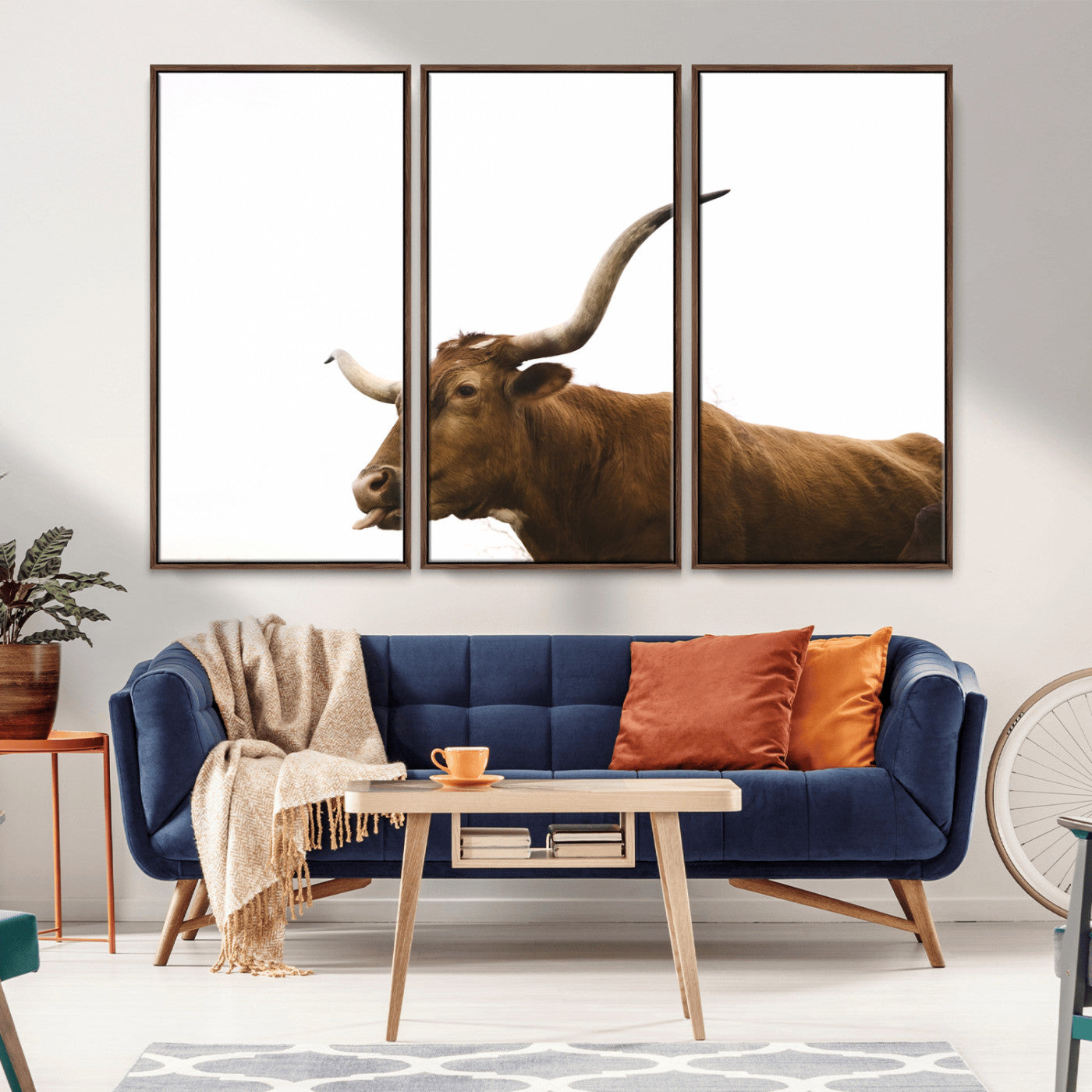 Minimal photo of a longhorn cow with white background, ideal for rustic, western or farmhouse-style interior decor.