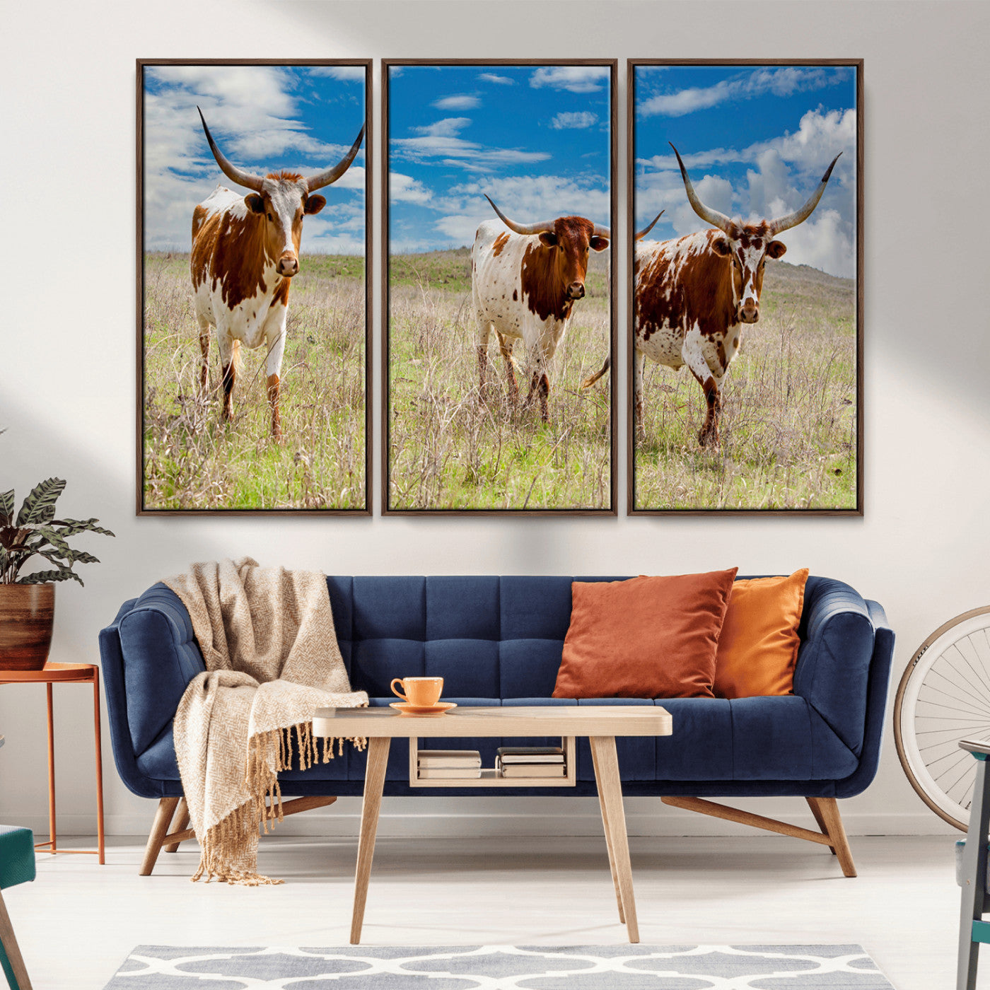 Three Texas longhorn cattle standing in dry grass under a bright blue sky, ideal for farmhouse or western rustic home decor.