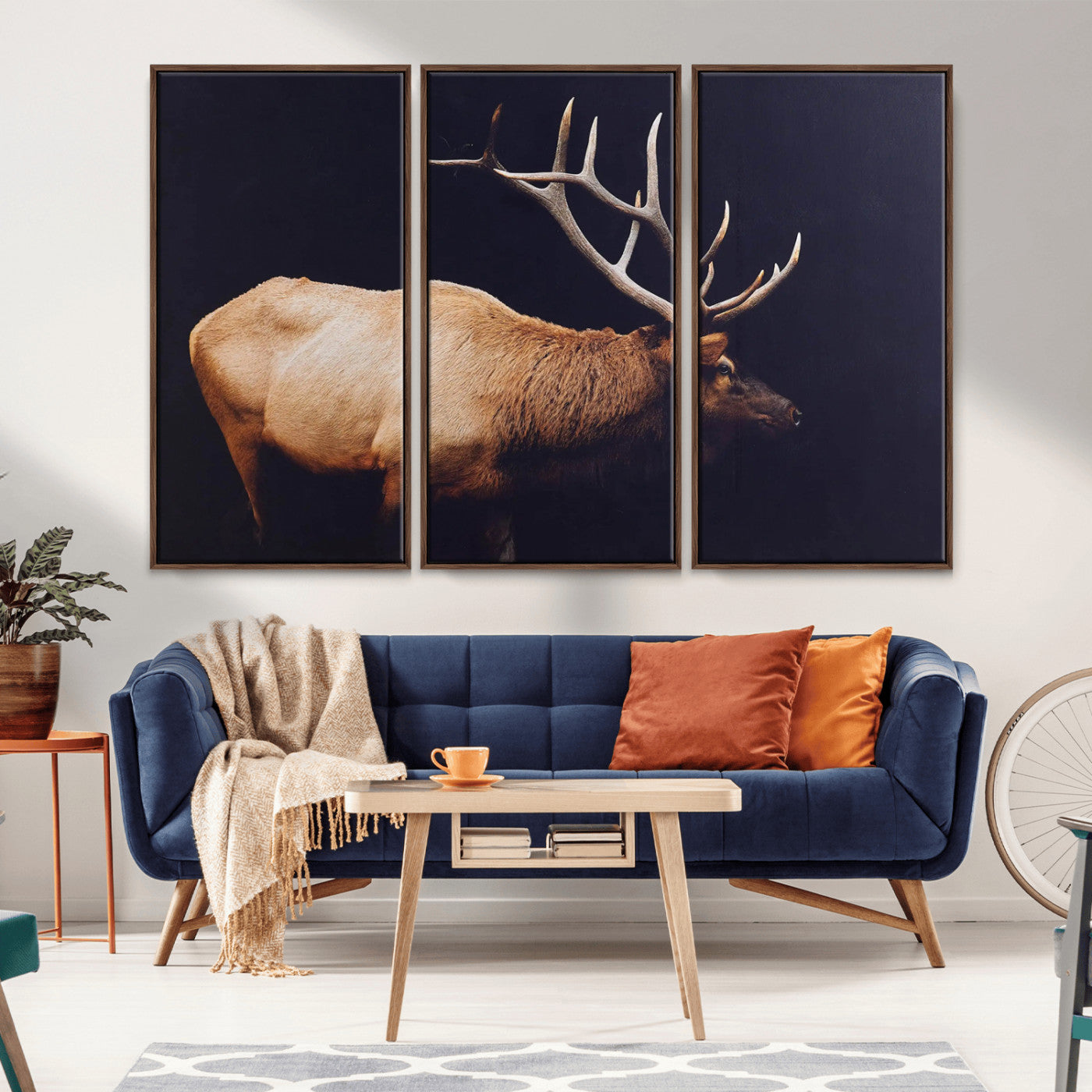 Side view of a majestic elk with large antlers against dark background, perfect for rustic lodge or cabin style home decoration.