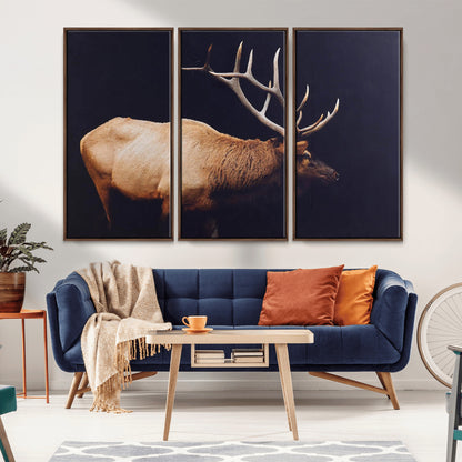 Side view of a majestic elk with large antlers against dark background, perfect for rustic lodge or cabin style home decoration.