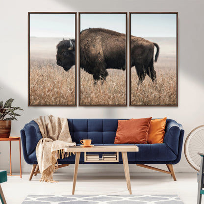 A lone bison stands in a vast prairie under a soft sky, evoking freedom and rustic charm for western or farmhouse inspired interiors.