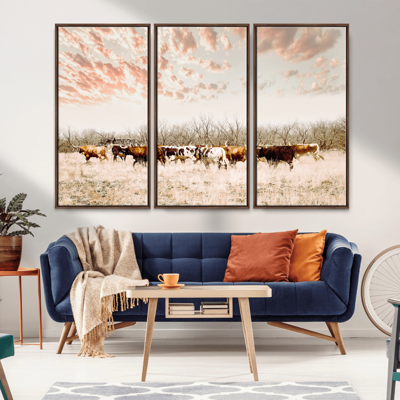 Cattle herd in a soft-toned field under a pastel pink sky, creating a peaceful rustic feel, perfect for farmhouse or western-themed spaces.