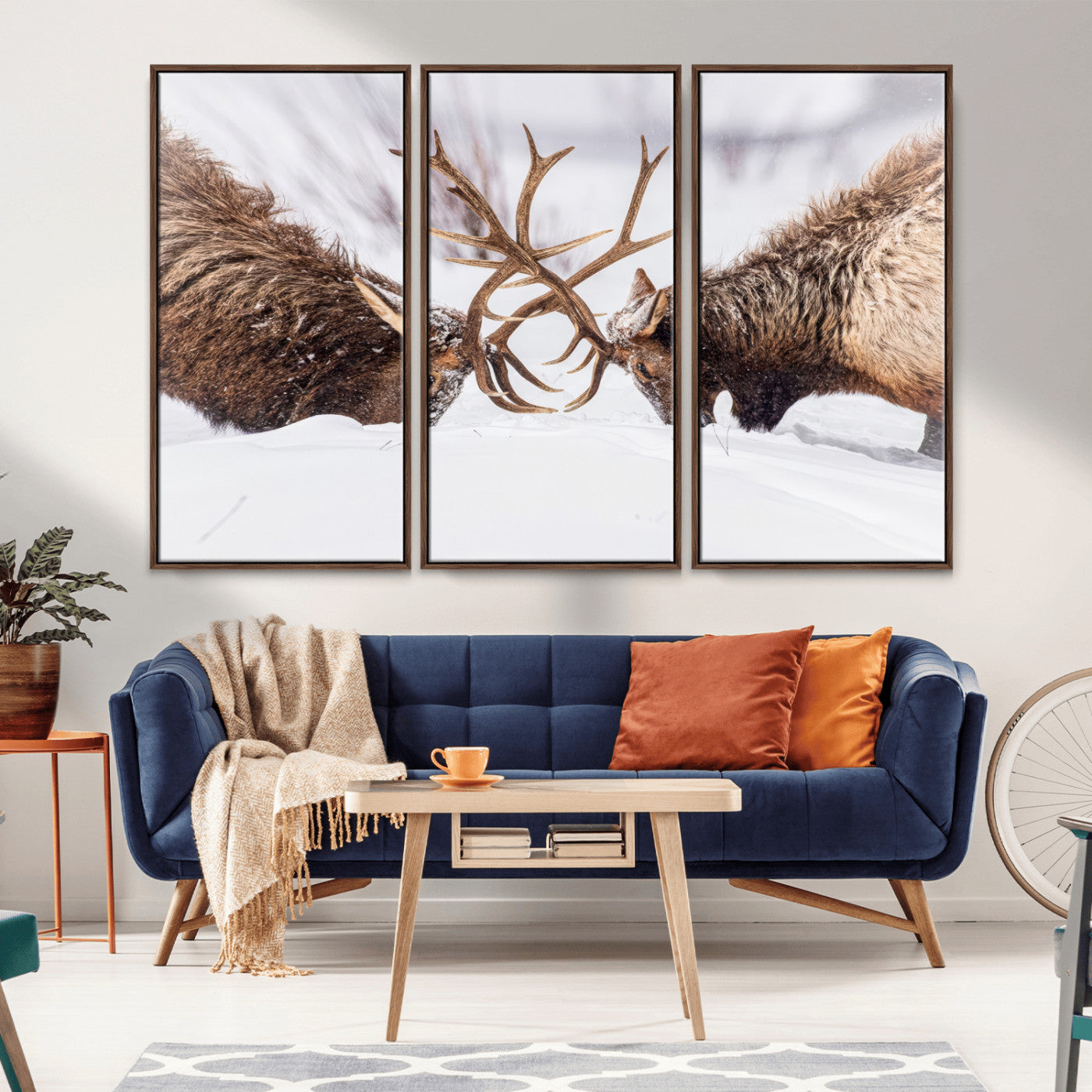Two elk clashing antlers in a snowy forest, capturing raw power and wild energy, ideal for rustic cabin or lodge-style decor.