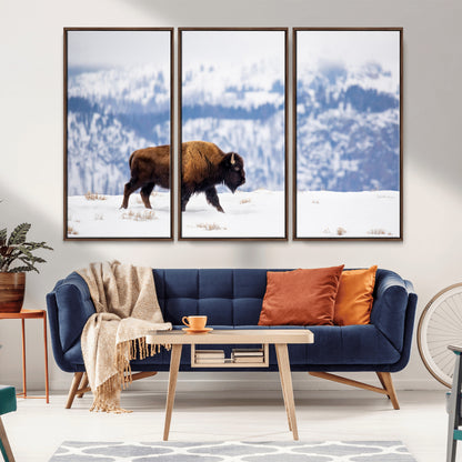 A lone bison walks across snowy ground with blue-toned mountain range behind, ideal for rustic or western farmhouse interiors.