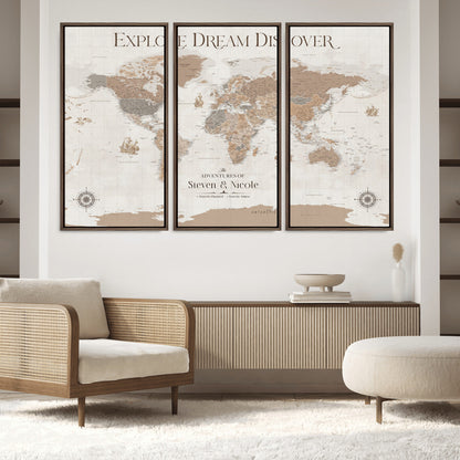 95738134-MGV-FC-48X32-3P_Walnut-Custom Push Pin World Map Wall Canvas Print – Personalized Travel Tracker with Pins – Framed Large Multi-Size Canvas for Home Office Decor - H13