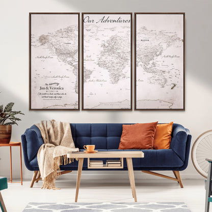 Customize Push Pin World Map Wall Canvas Print – Personalized Travel Map with Foam Pins – Framed Custom Quotie Canvas for Home Office Decor