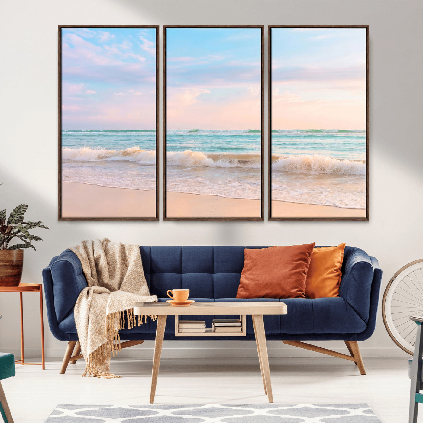 A peaceful beach scene with soft pastel skies, gentle waves washing up on the sandy shore, creating a calm and serene ocean view.