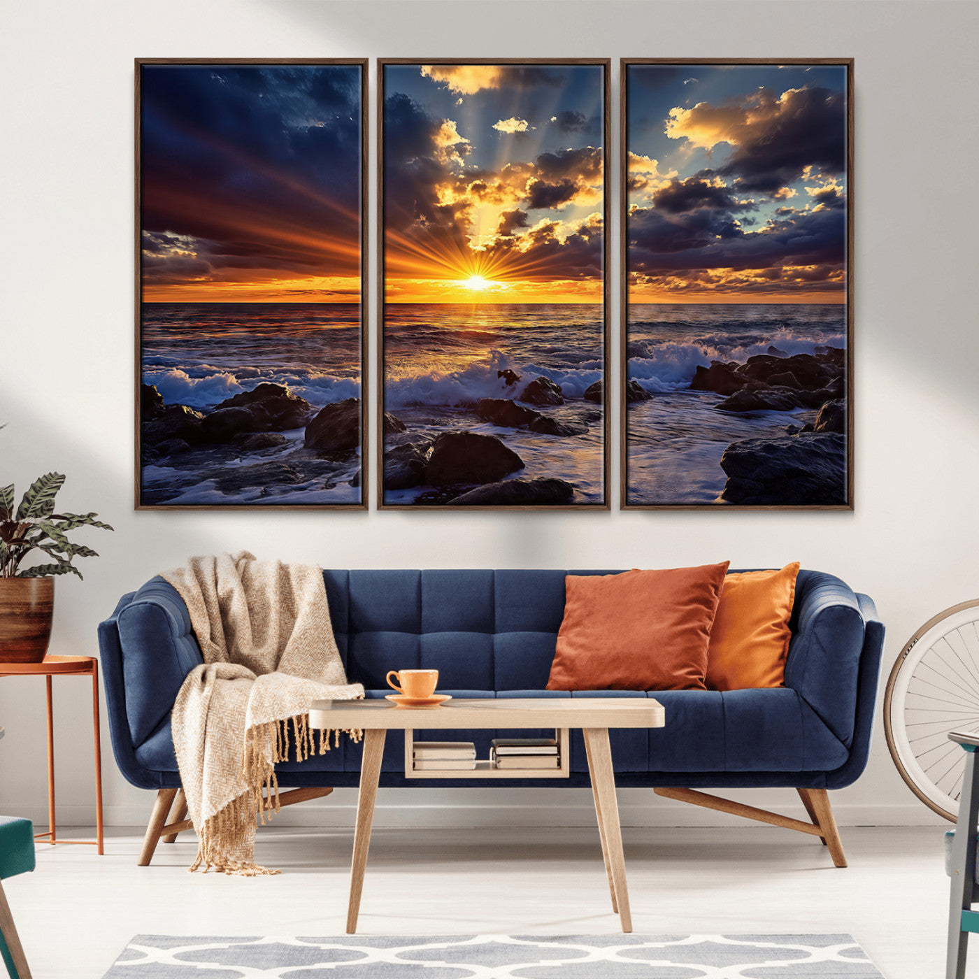An explosive sunset over the ocean with dramatic clouds and rays of sunlight reflecting off the water, creating a vibrant and captivating view.