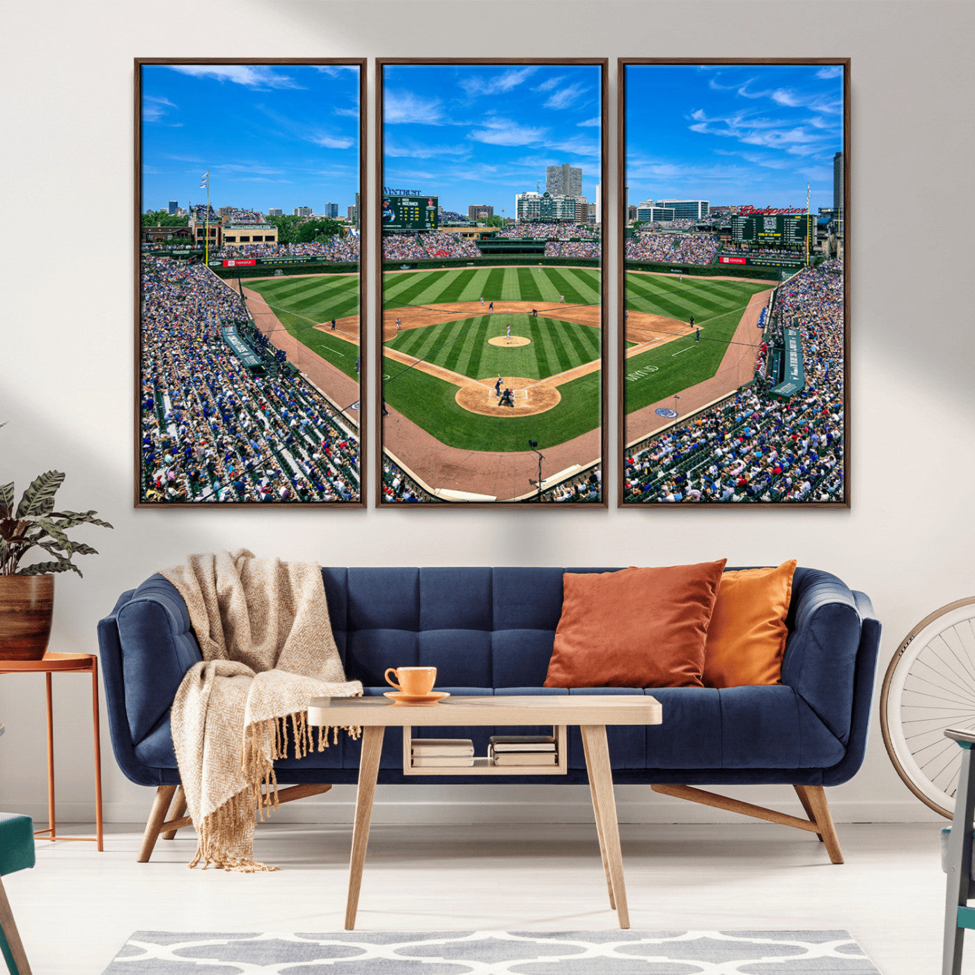 Wrigley Field Baseball Stadium Canvas Wall Art, Packed Crowd Sports Stadium Print, City Skyline Baseball Field Canvas for Game Room Decor