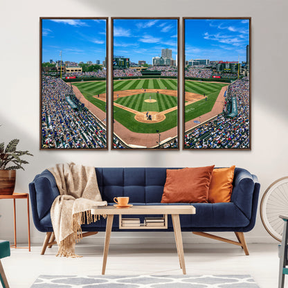 Wrigley Field Baseball Stadium Canvas Wall Art, Packed Crowd Sports Stadium Print, City Skyline Baseball Field Canvas for Game Room Decor