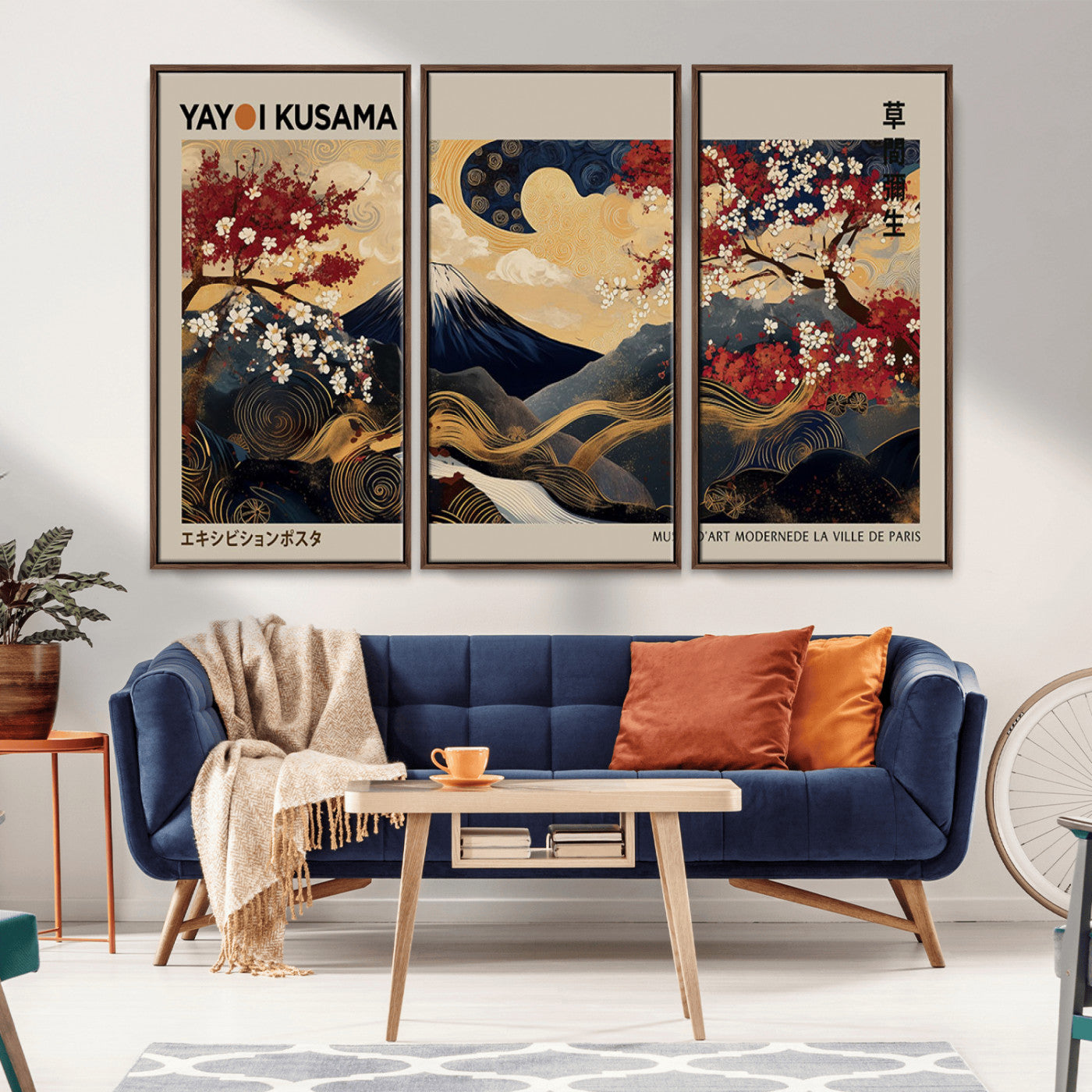 Yayoi Kusama's artwork featuring Mount Fuji, blooming cherry trees, and intricate swirls, blending traditional Japanese elements with vibrant color.