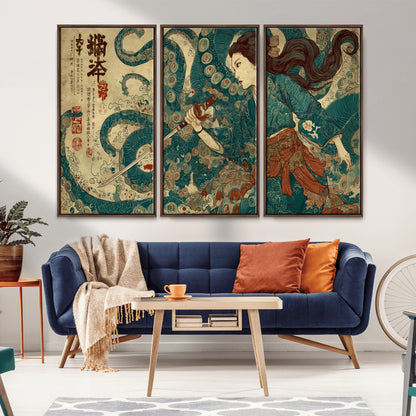 Tsukioka Yoshitoshi Samurai Wall Art Print, Japanese Katana Warrior Canvas Wall Art, Octopus Sea Monster Canvas Print,