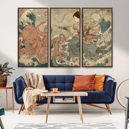Tsukioka Yoshitoshi Samurai Wall Art Print, Japanese Katana Warrior Canvas Wall Art, Octopus Sea Monster Canvas Print,