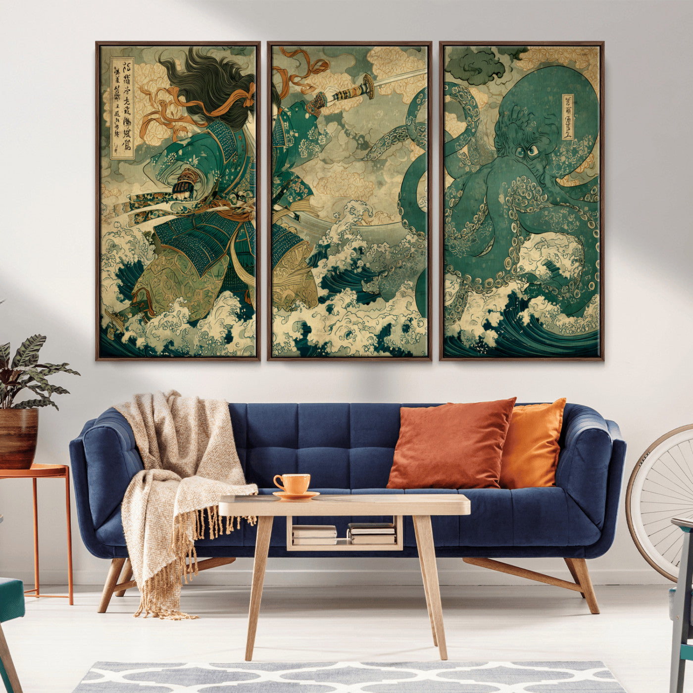 Tsukioka Yoshitoshi Samurai Wall Art Print, Japanese Katana Warrior Canvas Wall Art, Octopus Sea Monster Canvas Print,