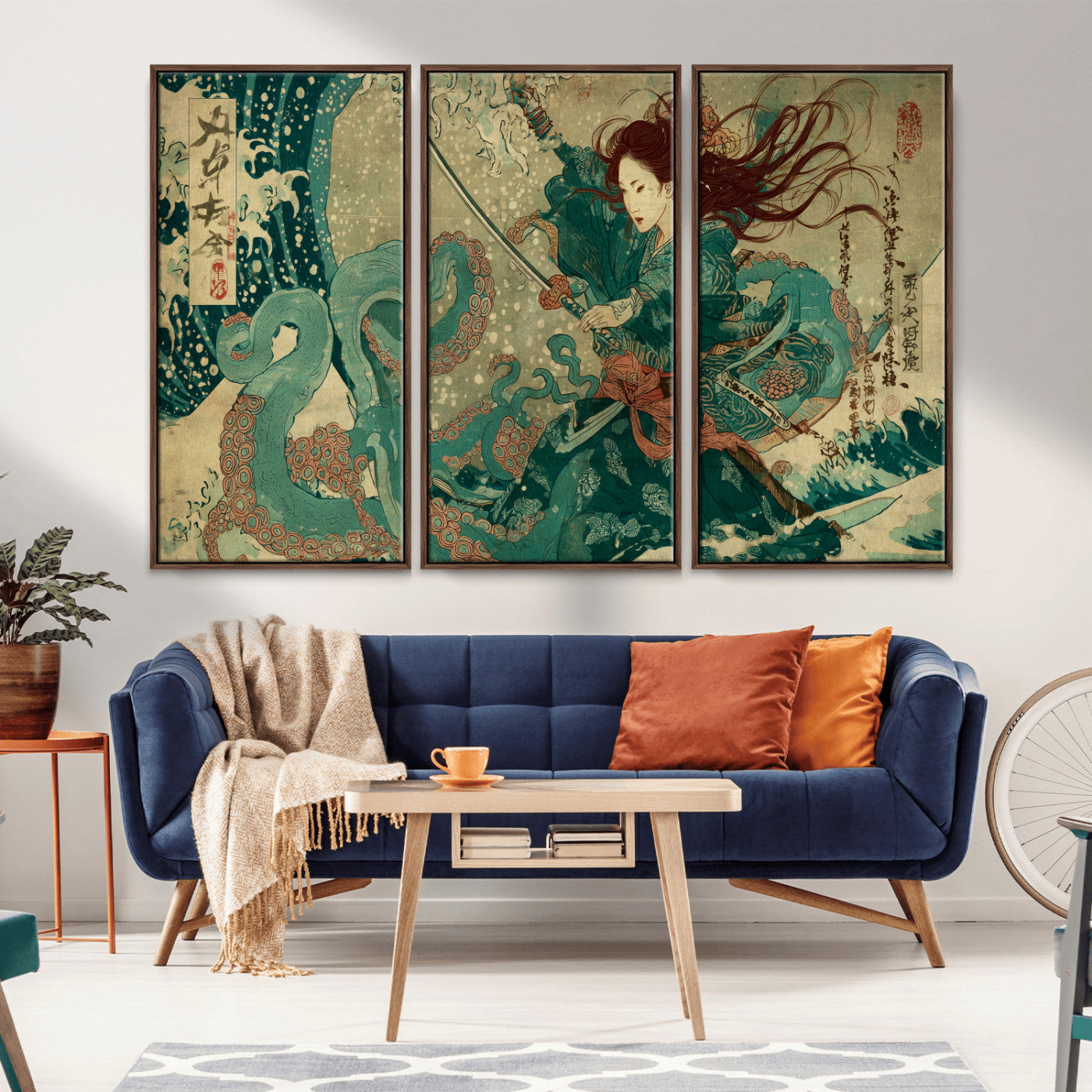 Tsukioka Yoshitoshi Samurai Wall Art Print, Japanese Katana Warrior Canvas Wall Art, Octopus Sea Monster Canvas Print,