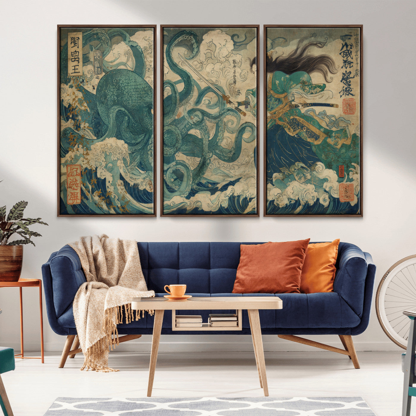 Tsukioka Yoshitoshi Samurai Wall Art Print, Japanese Katana Warrior Canvas Wall Art, Octopus Sea Monster Canvas Print,