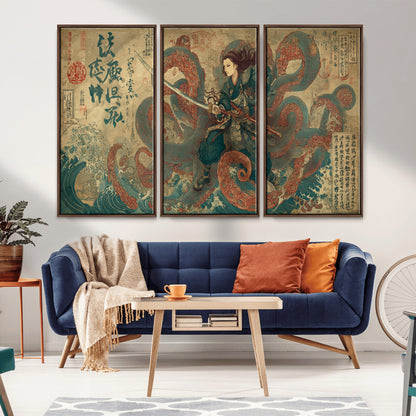 Tsukioka Yoshitoshi Samurai Wall Art Print, Japanese Katana Warrior Canvas Wall Art, Octopus Sea Monster Canvas Print,