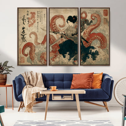 Tsukioka Yoshitoshi Samurai Wall Art Print, Japanese Katana Warrior Canvas Wall Art, Octopus Sea Monster Canvas Print,