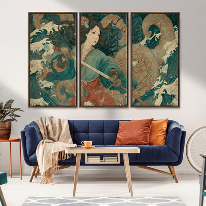Tsukioka Yoshitoshi Samurai Wall Art Print, Japanese Katana Warrior Canvas Wall Art, Octopus Sea Monster Canvas Print,