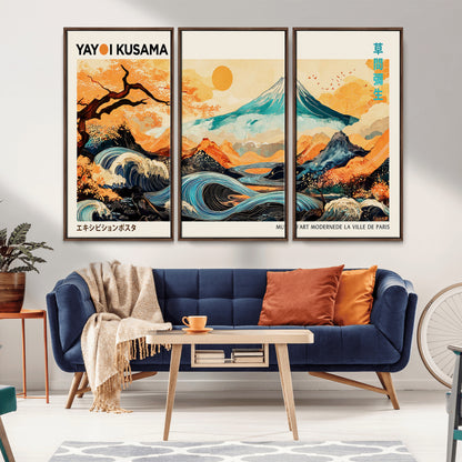 Modern Japanese-style art print featuring a stylized Mount Fuji, flowing waves, and vibrant landscapes in bold colors, inspired by traditional and contemporary aesthetics.