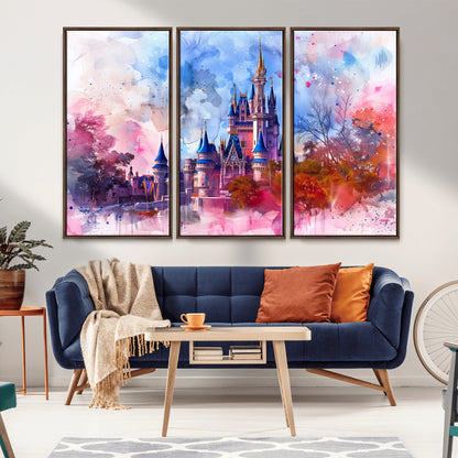 Watercolor canvas of a dreamy Disney-style castle in pastel pink and blue tones, perfect for fairytale or whimsical home decor.