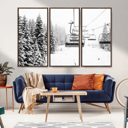 Black and white canvas of empty ski lifts over a snowy pine forest, perfect for minimal winter or ski lodge-inspired decor.