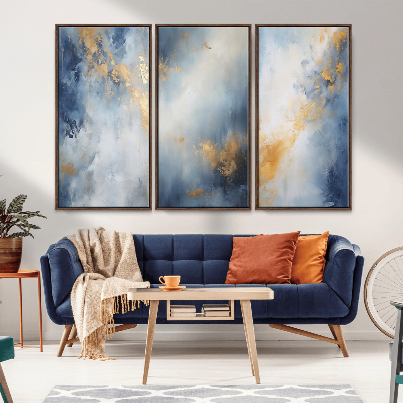 Abstract canvas art in soft blue and gold tones with textured brushstrokes, ideal for elegant or modern neutral decor spaces.