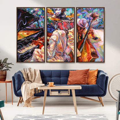 Vibrant oil painting of a jazz band with piano, saxophone, and bass, ideal for colorful and expressive music-themed home decor.