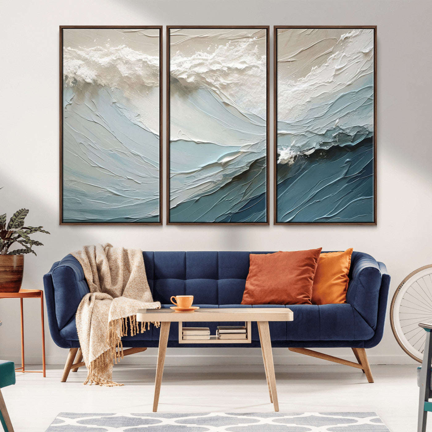 Textured canvas of ocean waves in soft coastal blues and creamy whites, ideal for modern or minimalist coastal-style interiors.