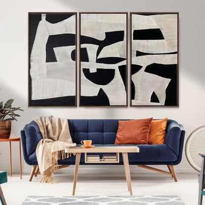 Minimalist black and white canvas featuring bold abstract textures and geometric shapes, ideal for modern neutral decor.