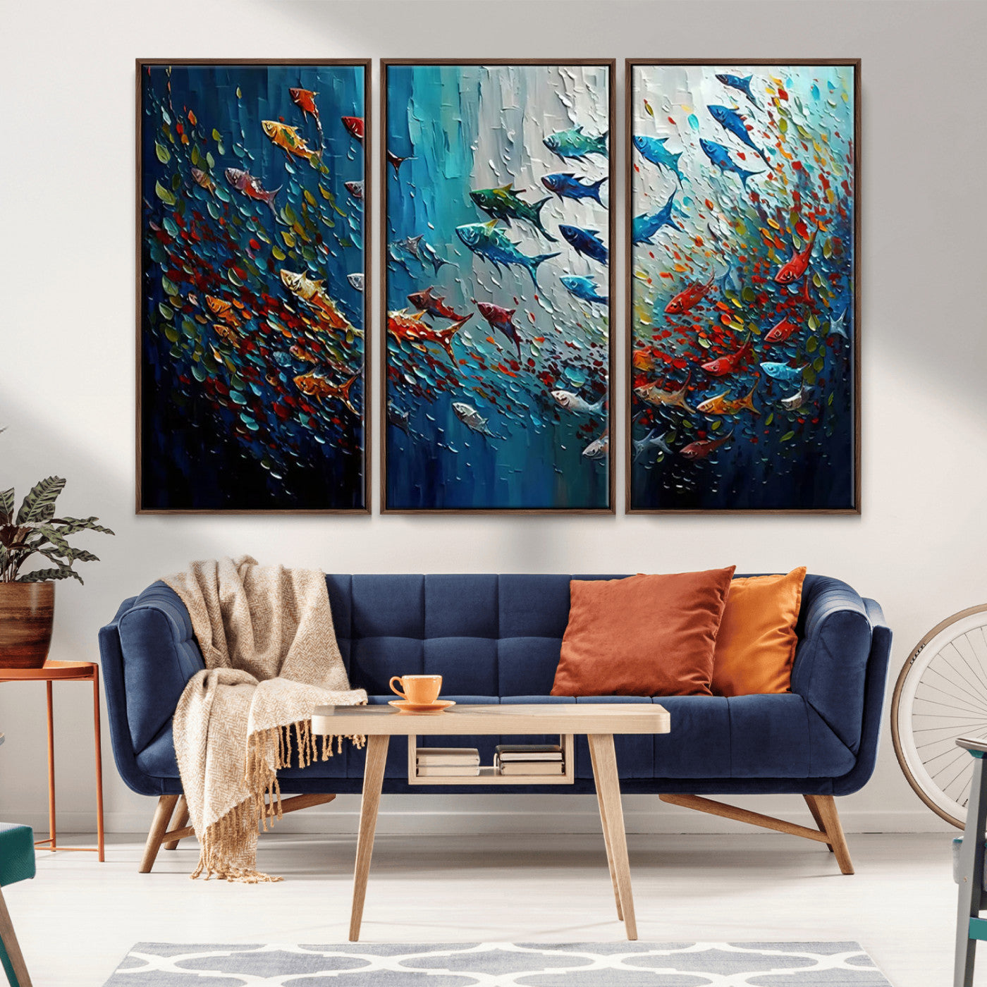 Colorful painting of fish swimming in abstract ocean swirls, perfect for vibrant marine-themed or expressive coastal home decor.