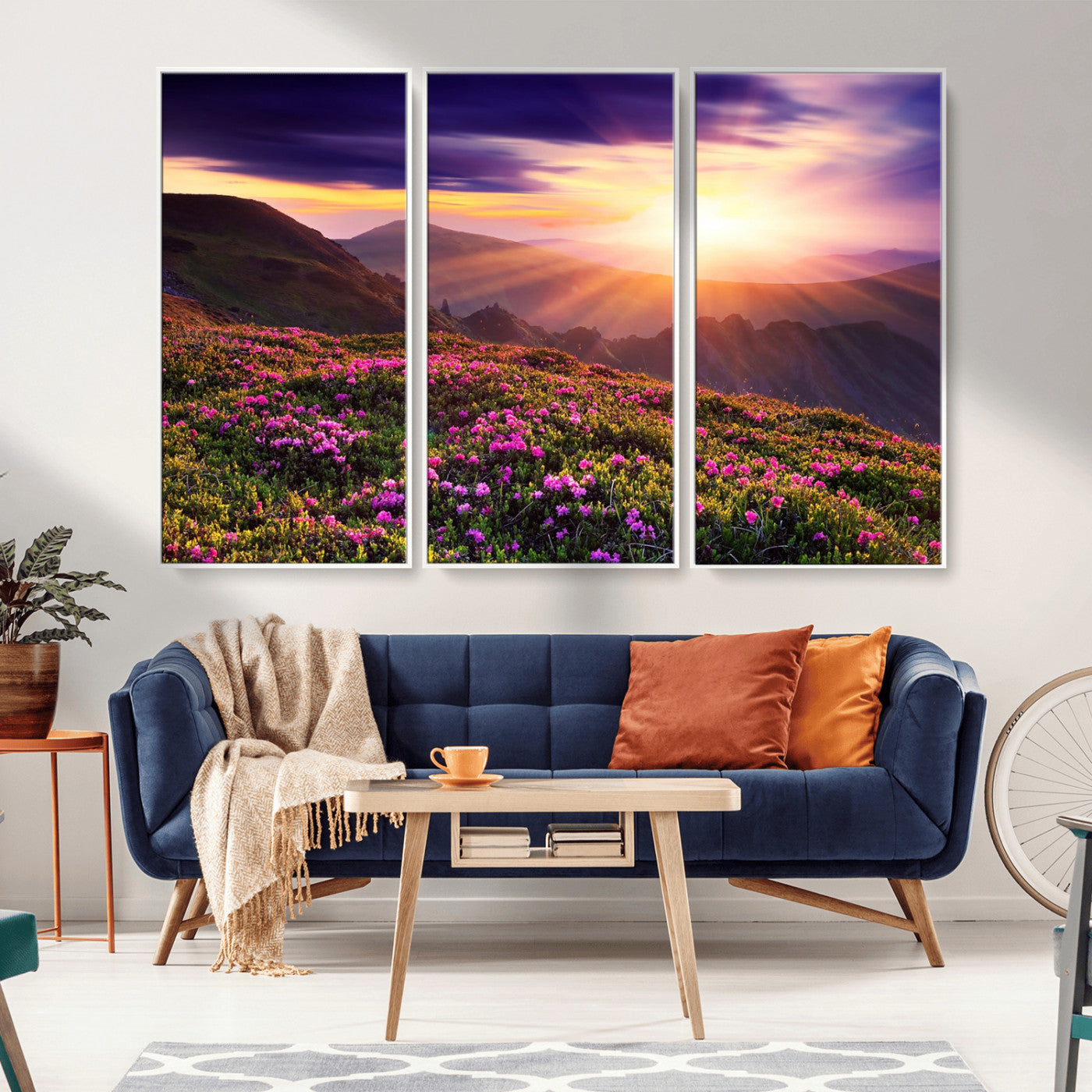 -Mountain Sunrise Wall Art – Vibrant Floral Landscape Canvas Print, Nature Home Decor for Living Room, Bedroom Office or Cabin