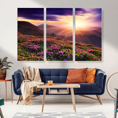 -Mountain Sunrise Wall Art – Vibrant Floral Landscape Canvas Print, Nature Home Decor for Living Room, Bedroom Office or Cabin