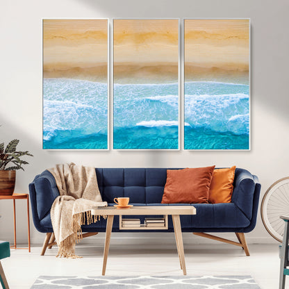 -Aerial Beach Wall Art – Serene Ocean Waves & Sandy Shore Canvas Print, Coastal Home Decor for Living Room, Bedroom or Office