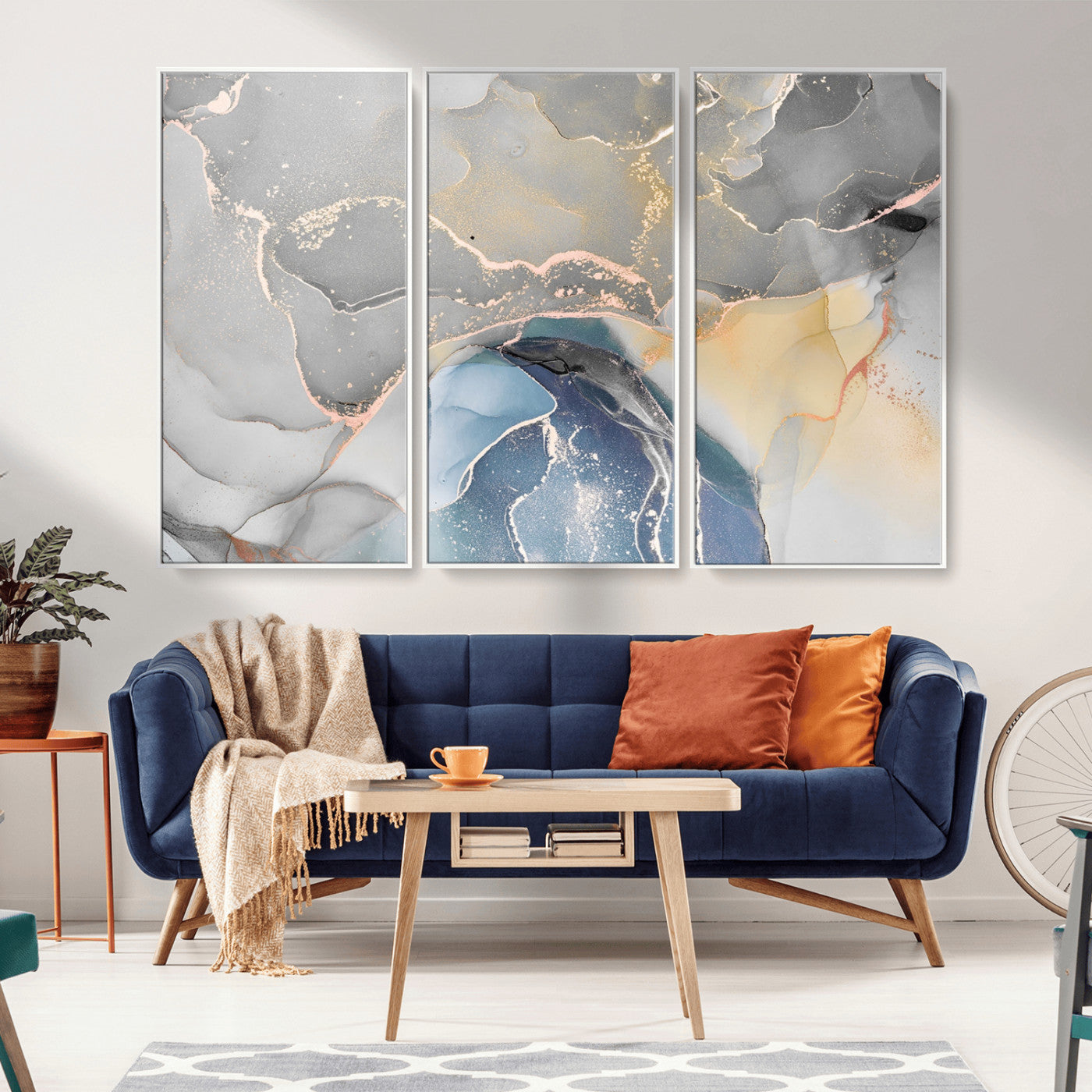 -Abstract Fluid Art Wall Decor – Blue, Gray & Gold Canvas Print, Modern Home and Office Wall Art Decor for Living Room, Bedroom or Workspace