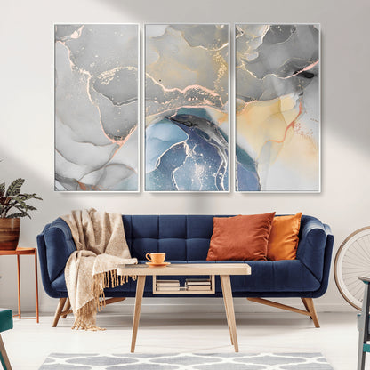 -Abstract Fluid Art Wall Decor – Blue, Gray & Gold Canvas Print, Modern Home and Office Wall Art Decor for Living Room, Bedroom or Workspace