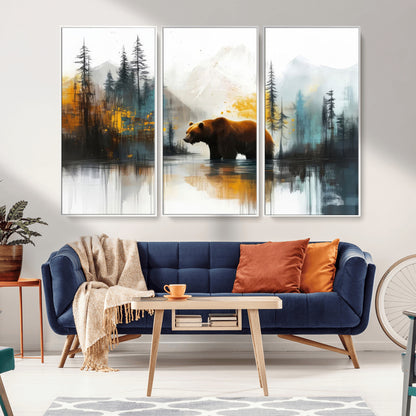 A majestic bear stands by the serene waters of a misty forest, surrounded by towering trees and distant mountains, evoking the raw beauty and wild spirit of nature.