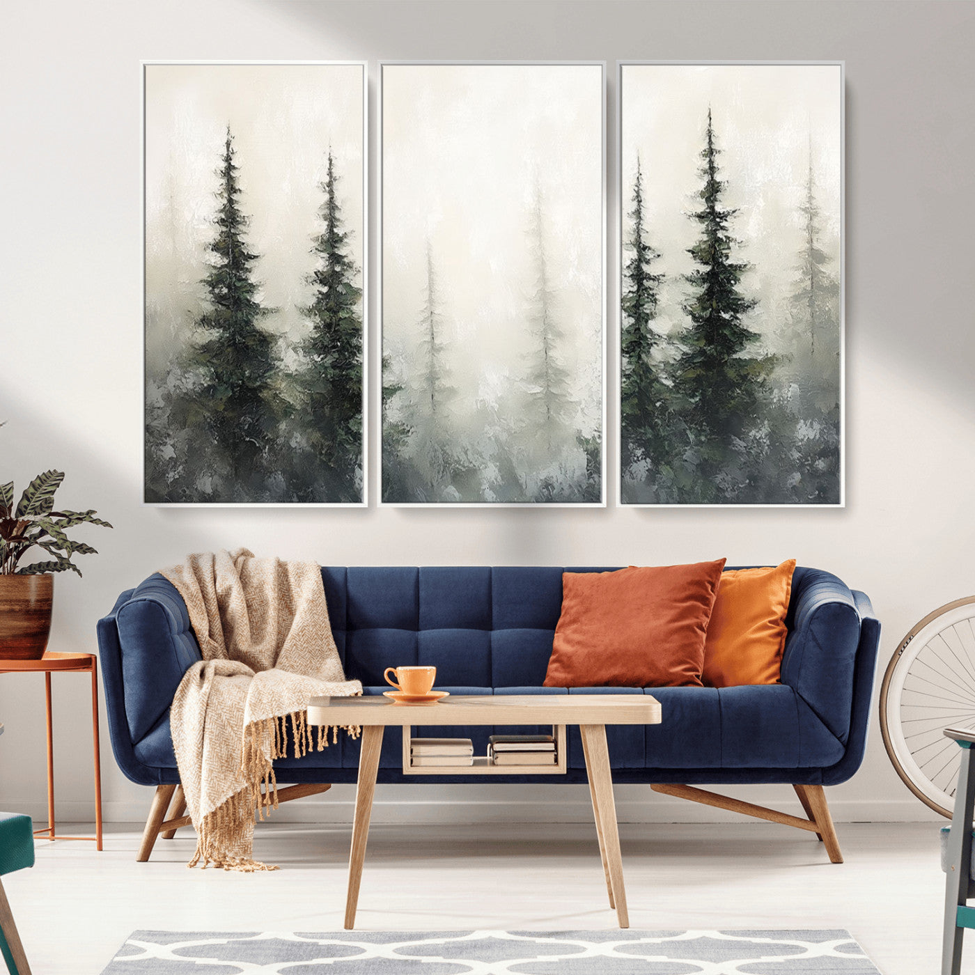Soft and misty pine forest painting in neutral earthy tones, ideal for calm woodland or minimalist rustic home decor.
